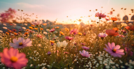 background violet pink blooming sunlight beautiful sunset field meadow flower nature. Generative AI.