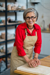 Mature woman wedging clay with hands standing behind table in studio.