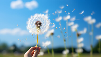 Close up, woman holding a white fluffy dandelion.