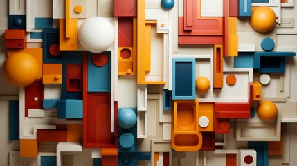 This vibrant composition of interlocking blocks and spheres creates a playful and imaginative landscape that encourages exploration and discovery - obrazy, fototapety, plakaty