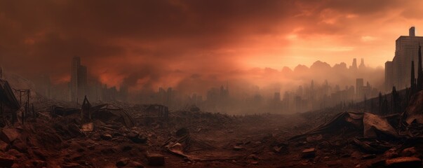 Eternal Twilight: Digital Illustration of Witnessing the End of the World - Apocalyps, Apocaliptic world, Fire, Smoke, Ruins, Trash, Destruction, Survival, Apocalyptic, Aftermath, Dystopian, Wasteland