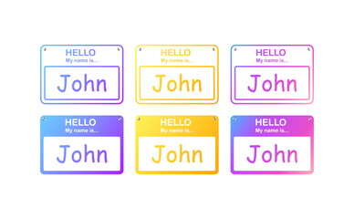 Hello my name is John sign. Flat, color, hello my name is, greeting plate. Vector icons