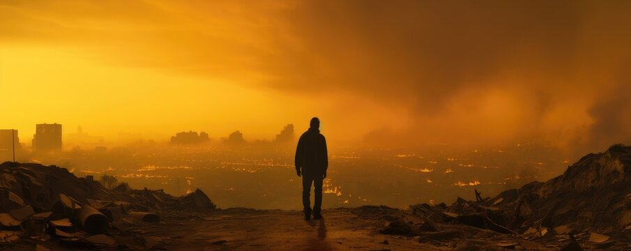 Eternal Twilight: Digital Illustration of Witnessing the End of the World - Apocalyps, Apocaliptic world, Fire, Smoke, Ruins, Trash, Destruction, Survival, Apocalyptic, Aftermath, Dystopian, Wasteland