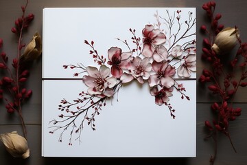 Wedding invitation card mockup with flowers. Blank card mockup on beige background