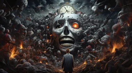 Fotobehang Chaotic illustration of face on an planet with skulls mythical creatures and monsters, background, wallpaper art, generative AI art © Peggy
