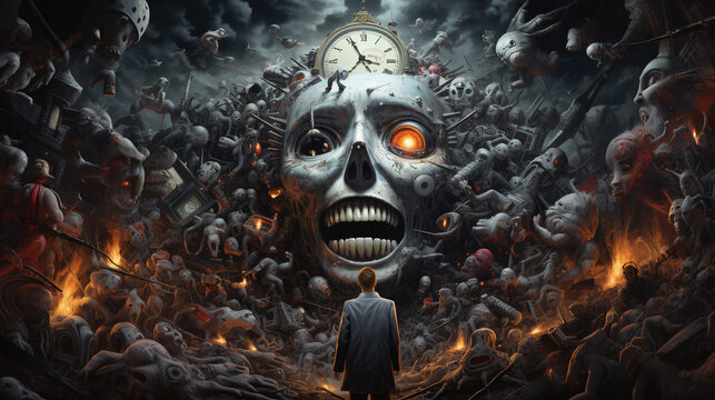 Chaotic illustration of face on an planet with skulls mythical creatures and monsters, background, wallpaper art, generative AI art