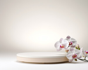 Fototapeta na wymiar 3d empty white podium platform and white orchid for product presentation