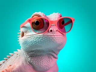 lizard on turquoise background wearing colourful sunglasses