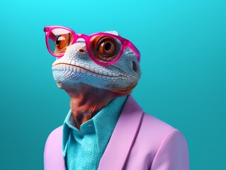 lizard on turquoise background wearing colourful sunglasses. Generative AI.