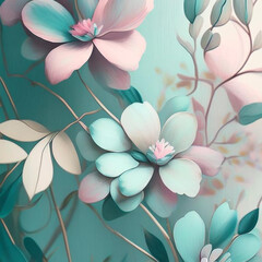 Pastel watercolor flowers with stems and leaves. Watercolor art background.