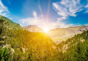 Picturesque mountain landscape and sunrise. Pyrenees, Andorra.