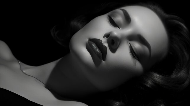 young beautiful woman lying on a black and white background Generative AI, AI Generated