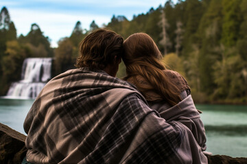 Couple Cozying Up in a Blanket as They Watch the Waterfall, rest, nature, love,  