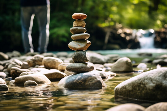 Person Balancing Rocks by the Stream's Edge, rest, nature, love,  