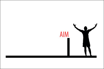 Symbol for achieved aim: A man has crossed the finish line and is raising his arms for joy.