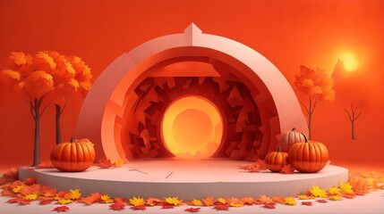 Empty Colorful Podium Stage 3D Autumn Properties, Orange Theme