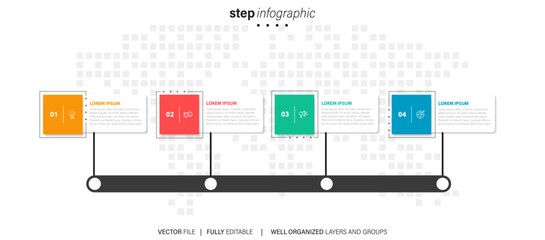 Timeline infographic design with 4 options or steps. Infographics for business concept. Can be used for presentations workflow layout, banner, process, diagram, flow chart, info graph, annual report.
