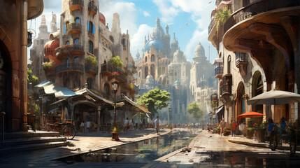 Fototapeta premium Radiant Urban Mirage, Sunlit Cityscape with Glistening Streets filled with people, a beautiful city full of sunlight, beautiful buildings, clear sky, generative AI art