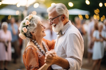 Grandparents Dancing Joyfully at a Family Celebration, love and happiness of old age,  