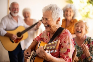 Group of Seniors Engaged in a Joyful Sing-along Session, love and happiness of old age,  