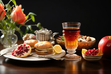 Fototapeta premium Festive Rosh Hashanah Table Set with Traditional Foods, love and happiness 