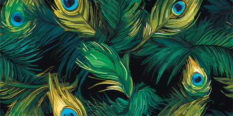 Luxurious peacock, plants and flowers. Vector Vintage Modern seamless pattern of tropical palm leaves, fern, peacock feather, butterfly for pattern, wallpaper or background. Fashionable template