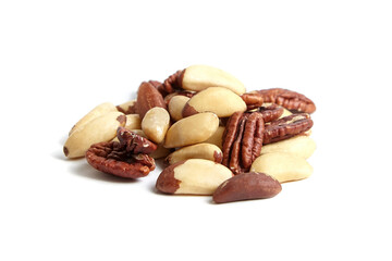 Brazil nuts and peeled pecans mix isolated on white background. Pile of mixed nuts for a balanced diet
