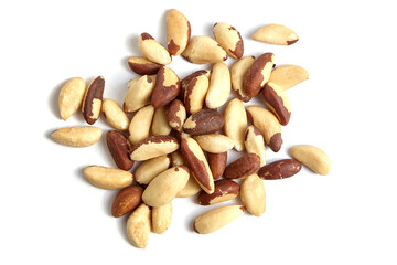 Brazil nuts isolated on white background. Exotic Brazil nuts on a white backdrop, top view