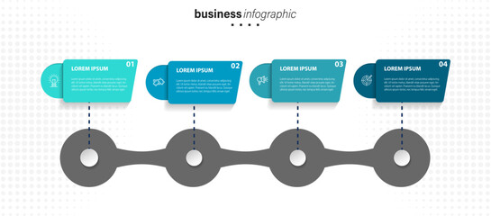 Timeline infographic with infochart. Modern presentation template with 4 steps for business process. Website template on white background for concept modern design. Horizontal layout.
