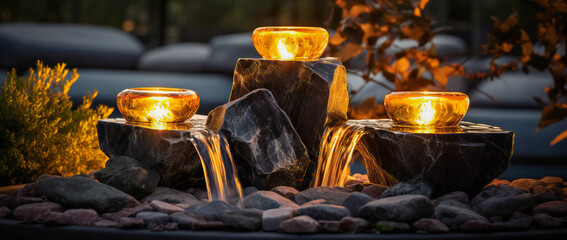 An outdoor fountain display illuminated in the evening. Garden landscape design concept. - obrazy, fototapety, plakaty