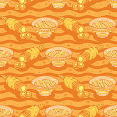 Carrots and bowls of noodles. Seamless pattern on an orange background. Cute vector illustration.