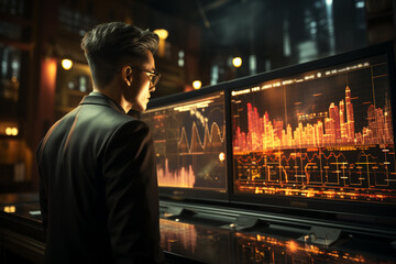 Confident businessman looking at monitor screen with diagram