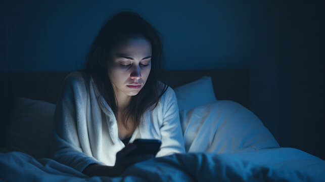 woman is addicted to a phone Sleepy exhausted lying in bed using a smartphone, Insomnia, and addicted. Sad bored in bed scrolling through social networks  at night in the dark