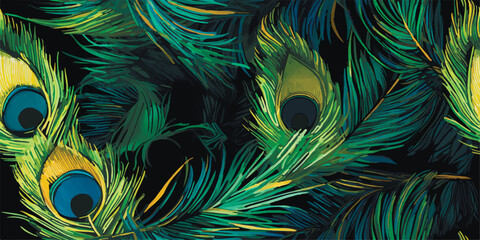 Luxurious peacock, plants and flowers. Vector Vintage Modern seamless pattern of tropical palm leaves, fern, peacock feather, butterfly for pattern, wallpaper or background. Fashionable template