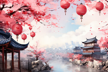 Sakura flower and lantern with temple and city skyline background watercolor