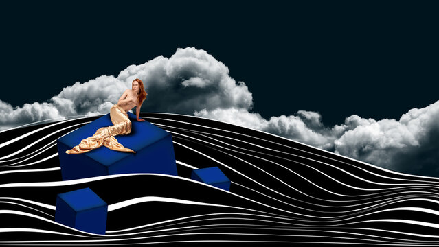 Fototapeta Freedom of imagination. Tender redhead woman in image of mermaid swimming into ocean. Contemporary art collage. Concept of surrealism, psychology, inner world, dreams, diversity. Ad