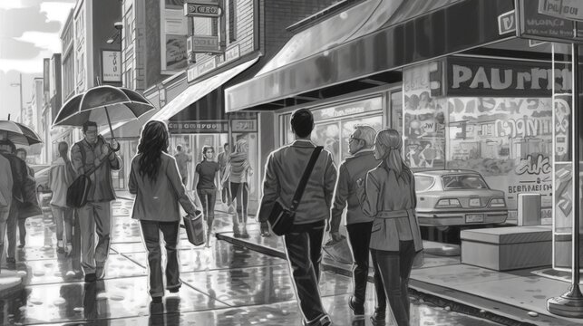 People walking down the street in rainy weather, black and white image . Fantasy concept , Illustration painting.