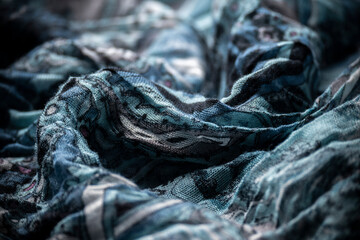 Wrinkled blue textured cloth, fashion industry