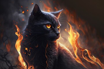 Portrait of a black cat in the fire