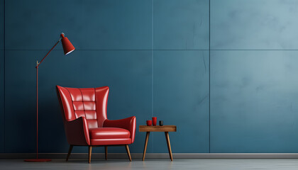  Interior wall mockup in blue tones with red leather armchair