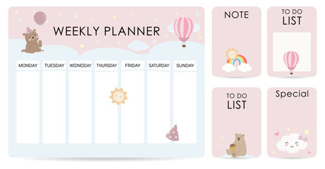 cute weekly planner background with cloud,balloon,sky.Vector illustration for kid and baby.Editable element