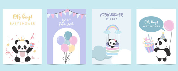 Baby shower invitation card for boy with panda, cloud, balloon, blue