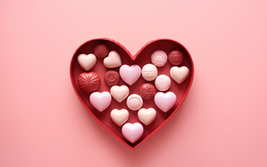 Fototapeta premium Assorted candy chocolate in a heart box on pink background