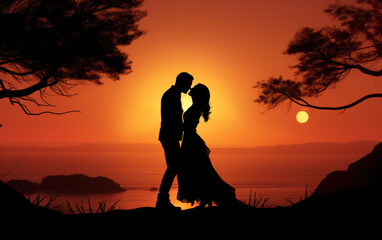 Silhouette of a romantic couple standing kissing on beauty sunset