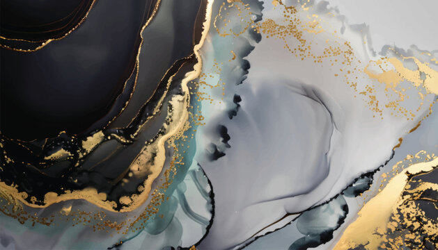 art photography of abstract fluid art painting with alcohol ink, black, gray and gold colors high Resolution vector illustration.
