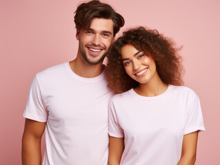 Fototapeta premium Portrait of smiling young couple in white t-shirt on pink background
