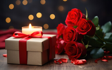 Close up shot of gift box wrapped with red ribbon, red flowers and candles