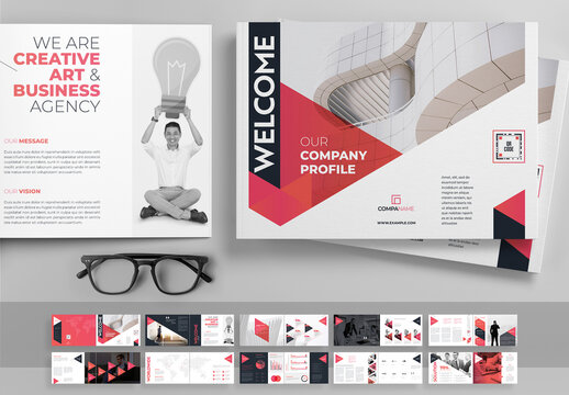 Company Profile Landscape Brochure Layout with Pink Accents