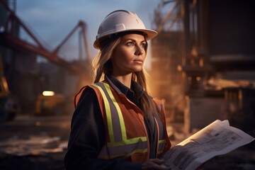 a woman in a hard hat at a construction site. Construction control. generative ai.