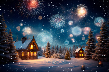 Abstract New Year, Christmas background. Winter holidays. Houses covered with snow